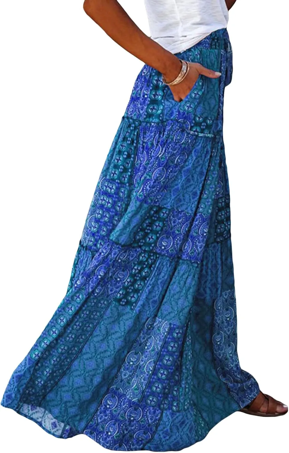 Women Y2k Denim Maxi Skirt Elastic Waist Button Pleated Tiered Flowy Long Swing Skirts Retro Chambray Jean Skirt