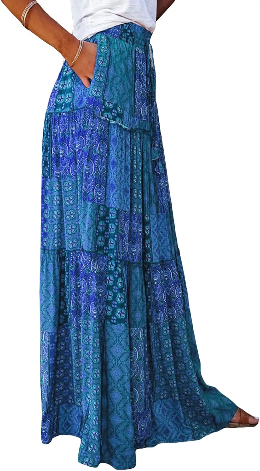 Women Y2k Denim Maxi Skirt Elastic Waist Button Pleated Tiered Flowy Long Swing Skirts Retro Chambray Jean Skirt