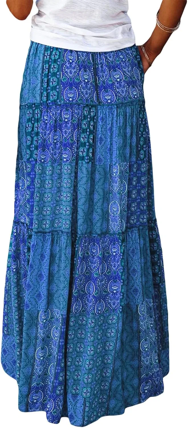 Women Y2k Denim Maxi Skirt Elastic Waist Button Pleated Tiered Flowy Long Swing Skirts Retro Chambray Jean Skirt
