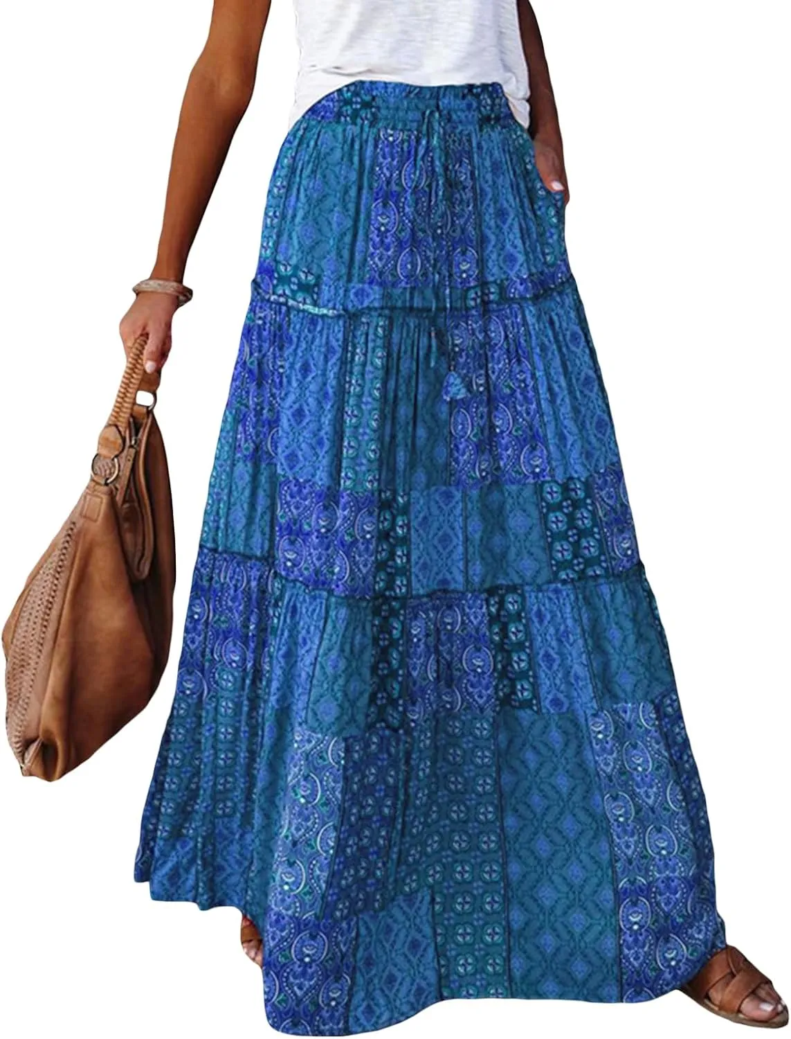 Women Y2k Denim Maxi Skirt Elastic Waist Button Pleated Tiered Flowy Long Swing Skirts Retro Chambray Jean Skirt