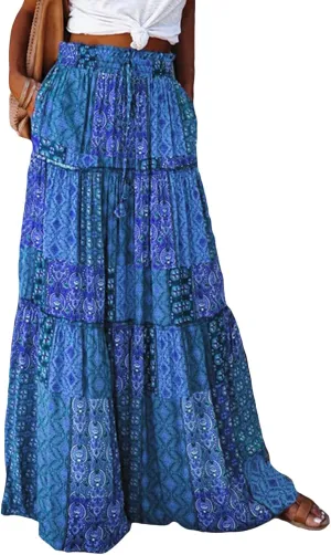 Women Y2k Denim Maxi Skirt Elastic Waist Button Pleated Tiered Flowy Long Swing Skirts Retro Chambray Jean Skirt