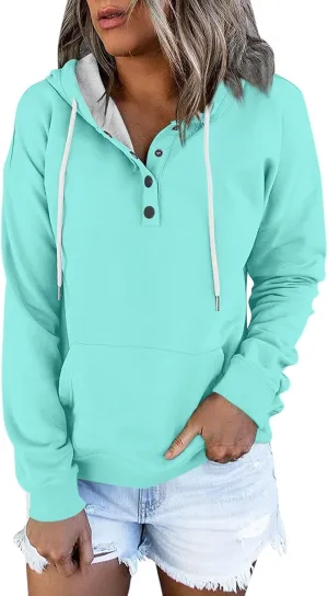 Womens 2024 Hooded Casual Button Collar Drawstring Hoodies Fall Fashion Plain Tunic Hoodies Sweatshirts