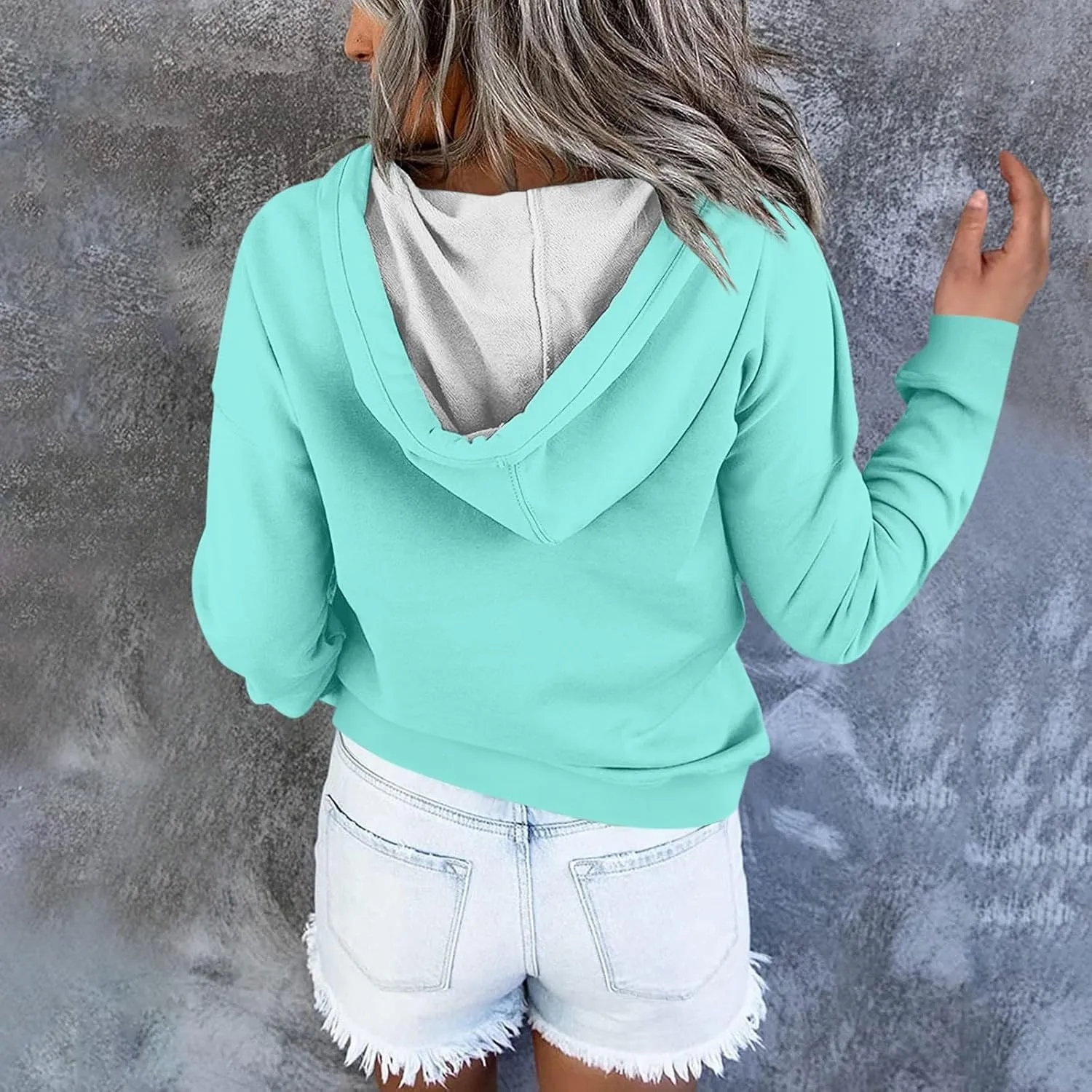 Womens 2024 Hooded Casual Button Collar Drawstring Hoodies Fall Fashion Plain Tunic Hoodies Sweatshirts