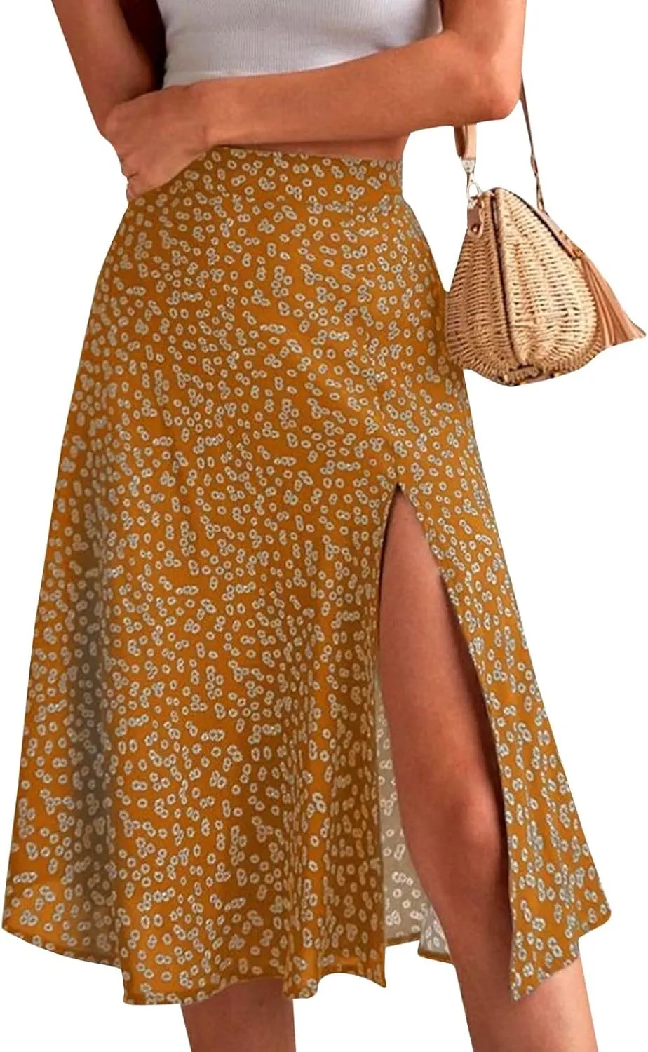 Womens 2024 Summer High Waisted Flowy Slit Midi Skirts Casual Lightweight Boho Floral Beach Skirt