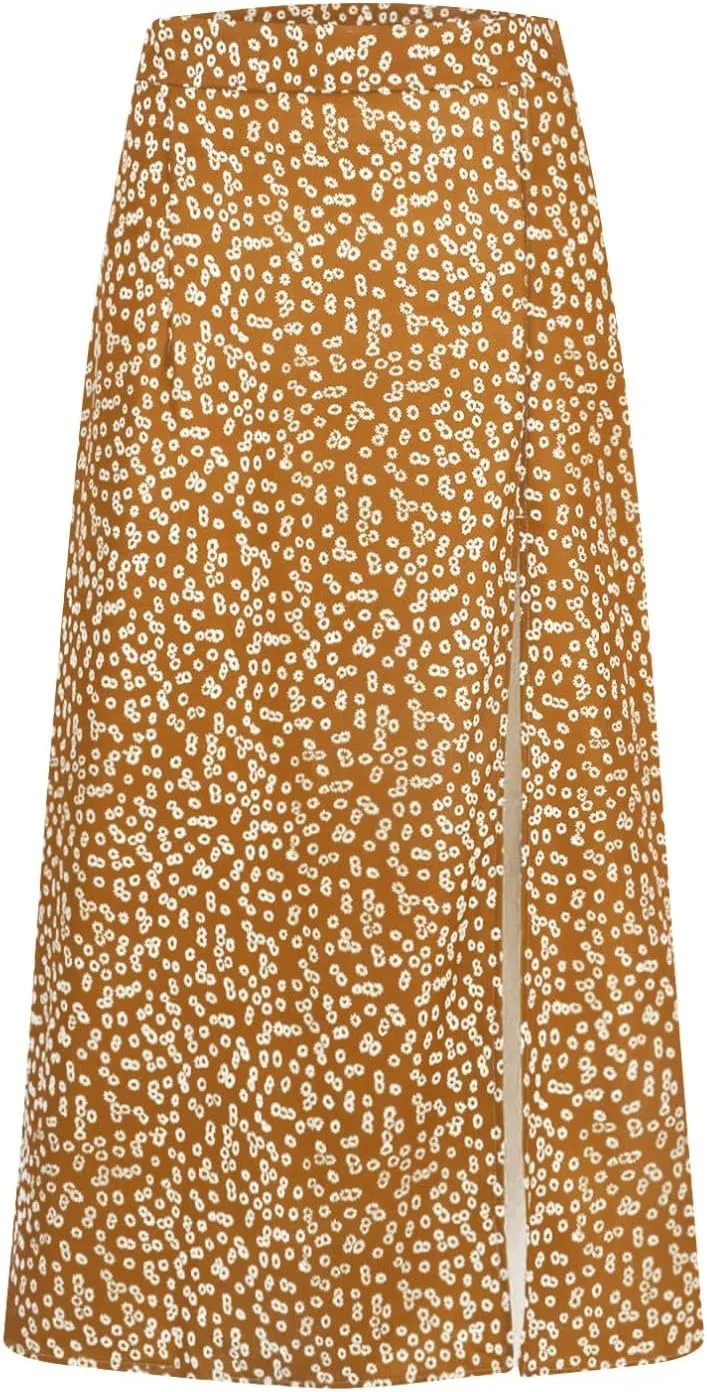 Womens 2024 Summer High Waisted Flowy Slit Midi Skirts Casual Lightweight Boho Floral Beach Skirt