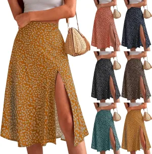 Womens 2024 Summer High Waisted Flowy Slit Midi Skirts Casual Lightweight Boho Floral Beach Skirt