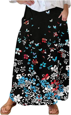 Womens 2025 Summer Boho Skirts Floral Print Midi Skirt with Pocket Plus Size Loose Flowy Beach Skirts