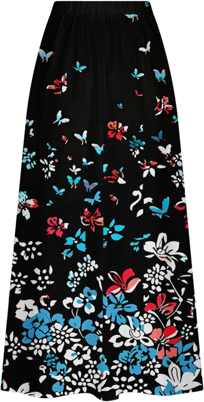 Womens 2025 Summer Boho Skirts Floral Print Midi Skirt with Pocket Plus Size Loose Flowy Beach Skirts