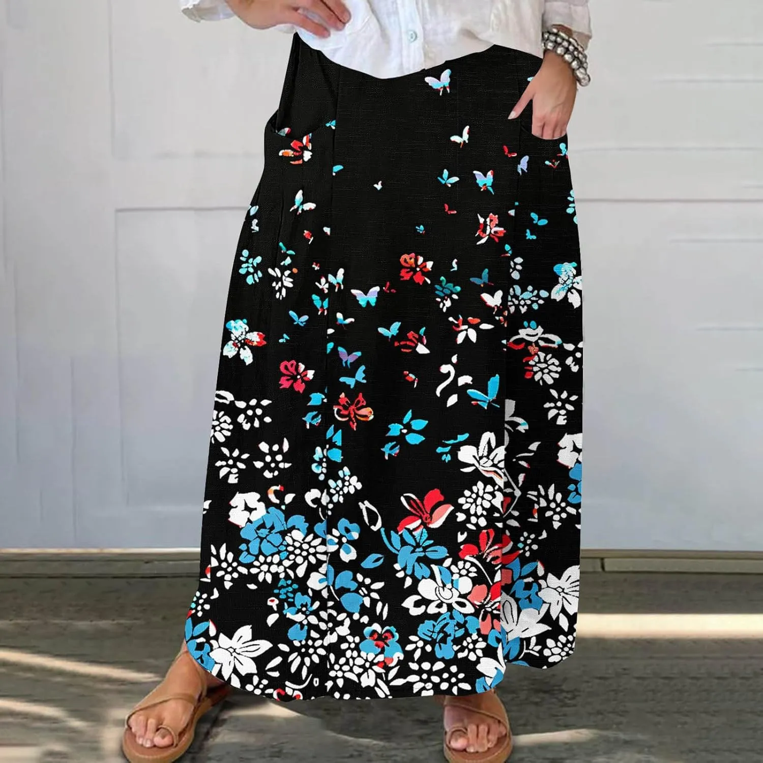 Womens 2025 Summer Boho Skirts Floral Print Midi Skirt with Pocket Plus Size Loose Flowy Beach Skirts