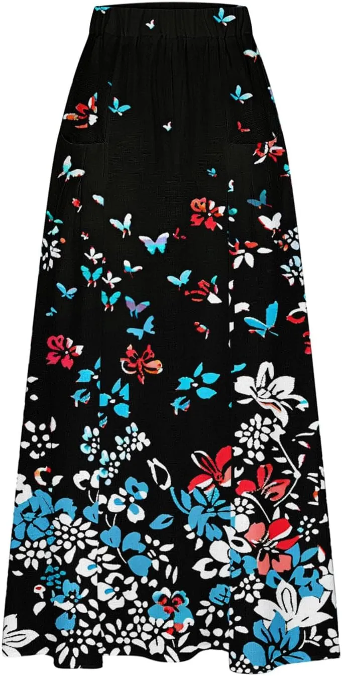 Womens 2025 Summer Boho Skirts Floral Print Midi Skirt with Pocket Plus Size Loose Flowy Beach Skirts