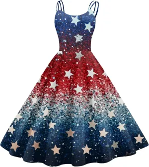 Womens 4th of July Dress Flag Print Sexy Spaghetti Strap Patriotic Punk Dresses A-Line Independence Day Clothes