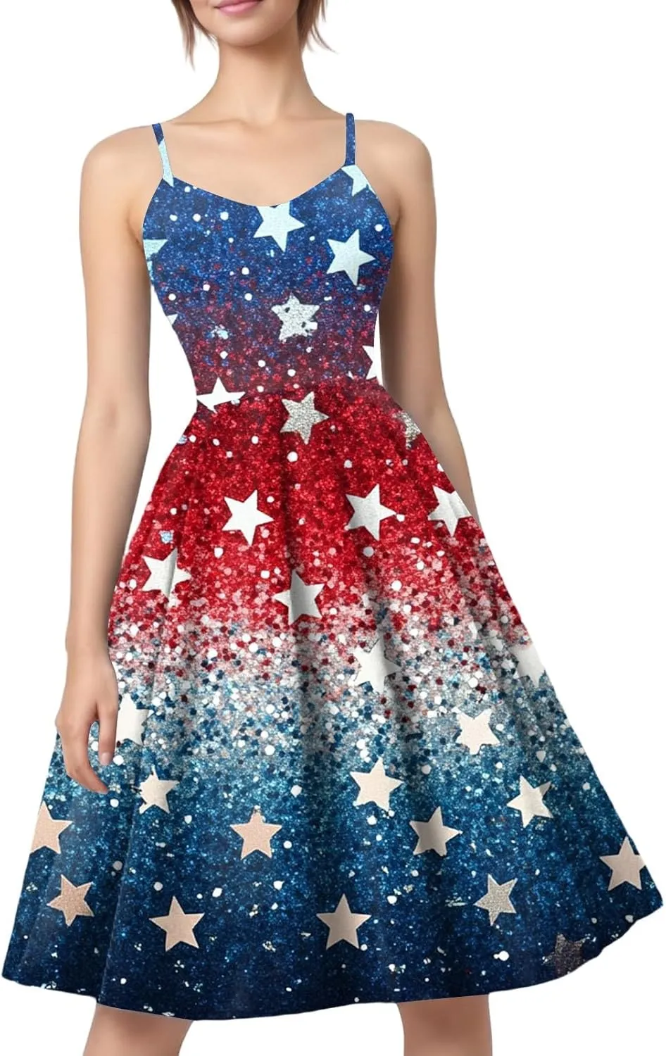 Womens 4th of July Dress Flag Print Sexy Spaghetti Strap Patriotic Punk Dresses A-Line Independence Day Clothes