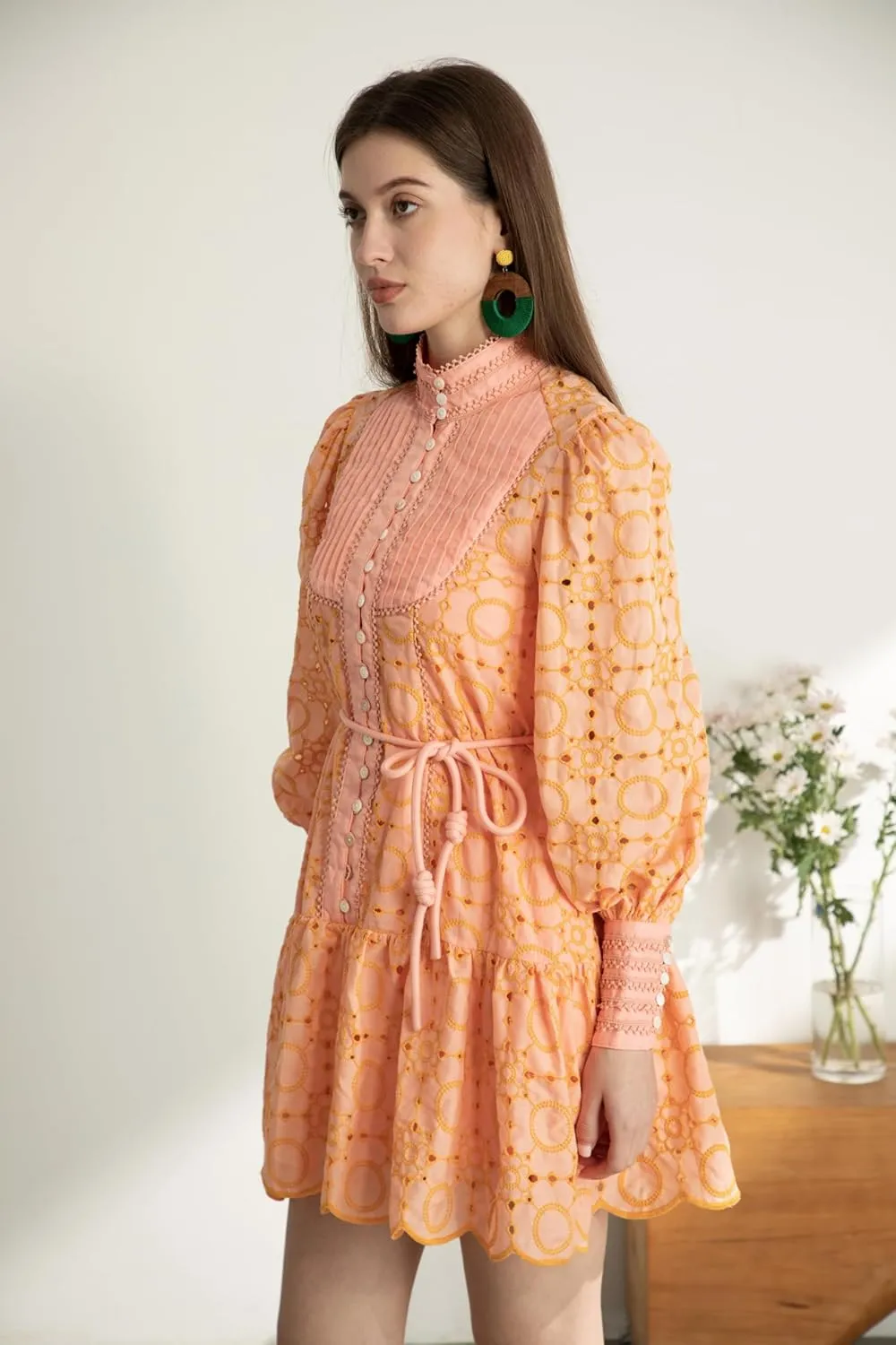 Women's Bohemian Floral Print Button Down Long Lantern Sleeve Shift Tunic Dress Casual Ruffle Swing Mini Dress