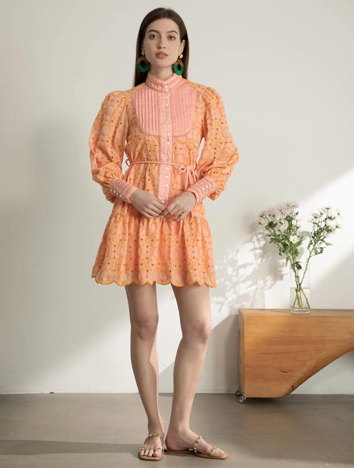 Women's Bohemian Floral Print Button Down Long Lantern Sleeve Shift Tunic Dress Casual Ruffle Swing Mini Dress