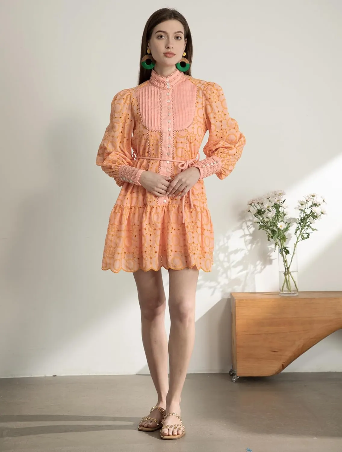 Women's Bohemian Floral Print Button Down Long Lantern Sleeve Shift Tunic Dress Casual Ruffle Swing Mini Dress
