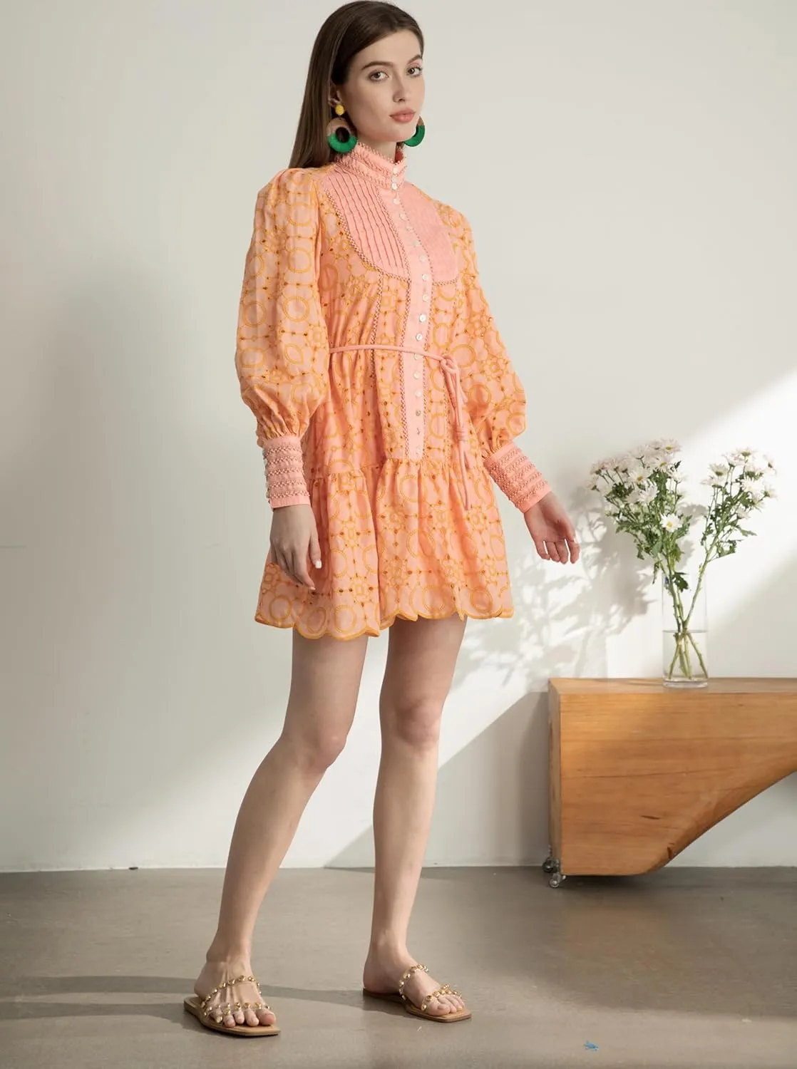 Women's Bohemian Floral Print Button Down Long Lantern Sleeve Shift Tunic Dress Casual Ruffle Swing Mini Dress