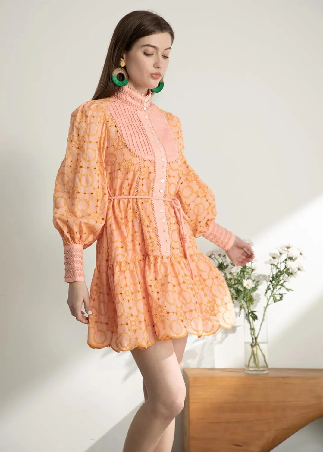 Women's Bohemian Floral Print Button Down Long Lantern Sleeve Shift Tunic Dress Casual Ruffle Swing Mini Dress