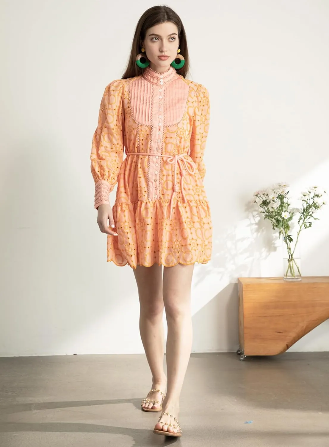 Women's Bohemian Floral Print Button Down Long Lantern Sleeve Shift Tunic Dress Casual Ruffle Swing Mini Dress