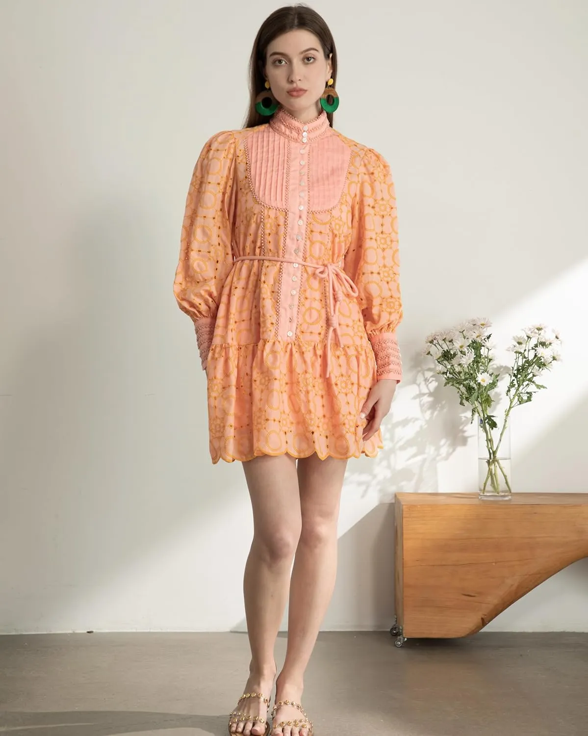 Women's Bohemian Floral Print Button Down Long Lantern Sleeve Shift Tunic Dress Casual Ruffle Swing Mini Dress