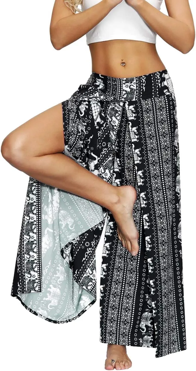 Women's Bohemian Yoga Pant Palazzo Slit Wide Leg High Waist Hippie Trousers Flowy Pants