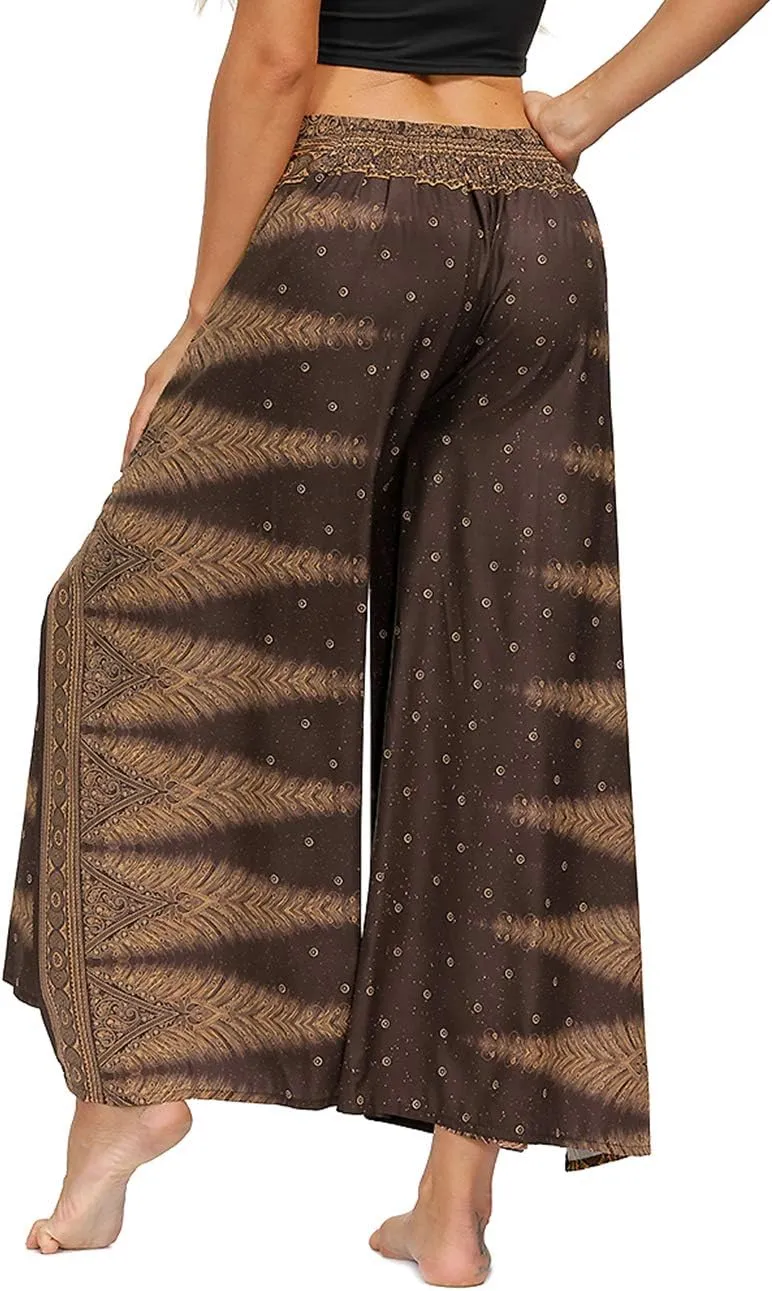 Women's Bohemian Yoga Pant Palazzo Slit Wide Leg High Waist Hippie Trousers Flowy Pants