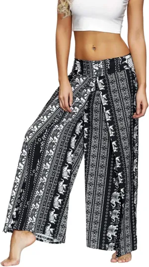 Women's Bohemian Yoga Pant Palazzo Slit Wide Leg High Waist Hippie Trousers Flowy Pants
