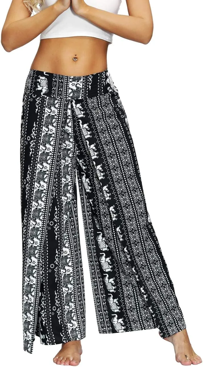 Women's Bohemian Yoga Pant Palazzo Slit Wide Leg High Waist Hippie Trousers Flowy Pants