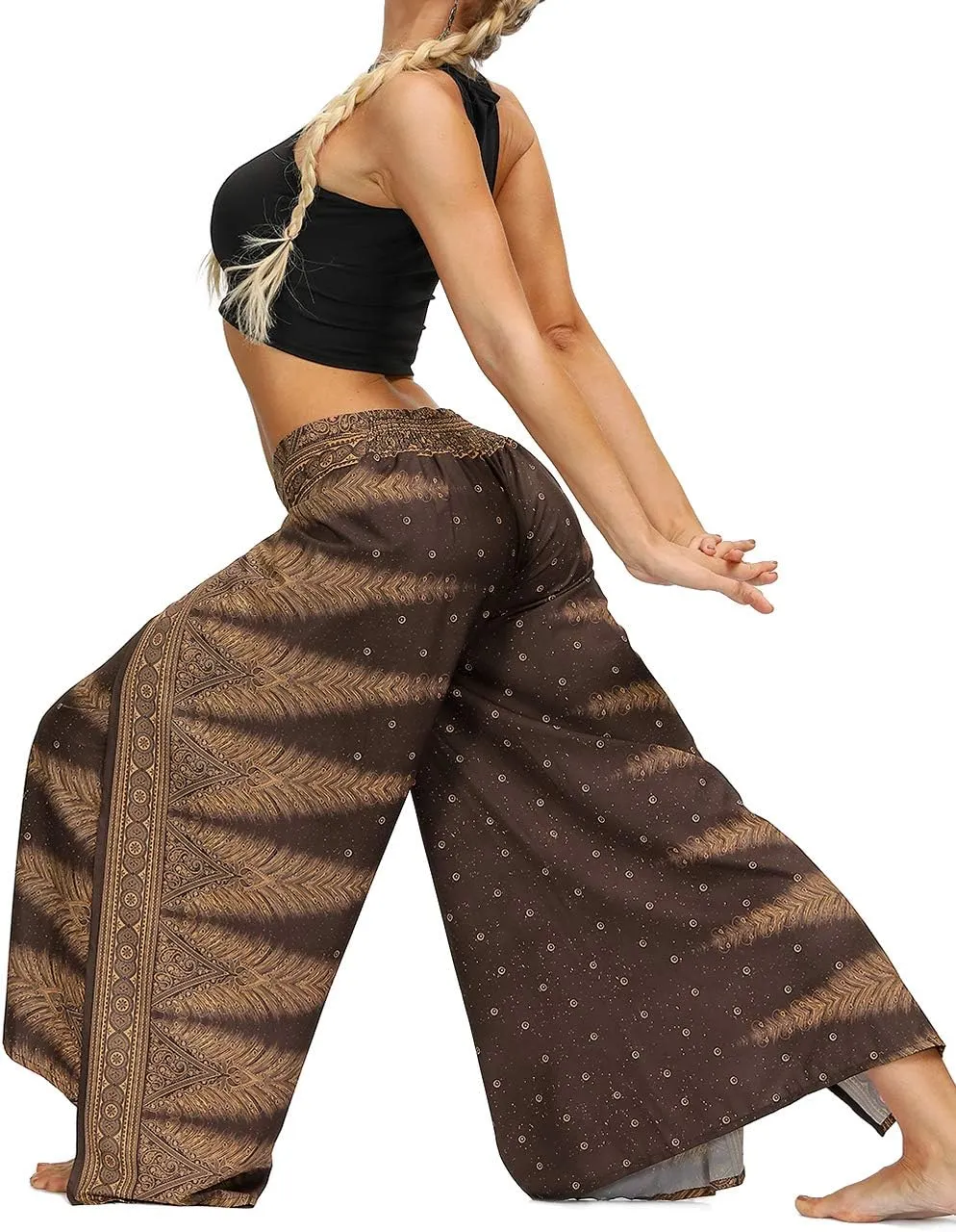 Women's Bohemian Yoga Pant Palazzo Slit Wide Leg High Waist Hippie Trousers Flowy Pants