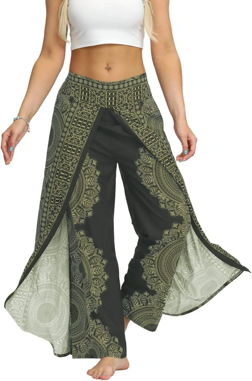 Women's Bohemian Yoga Pant Palazzo Slit Wide Leg High Waist Hippie Trousers Flowy Pants