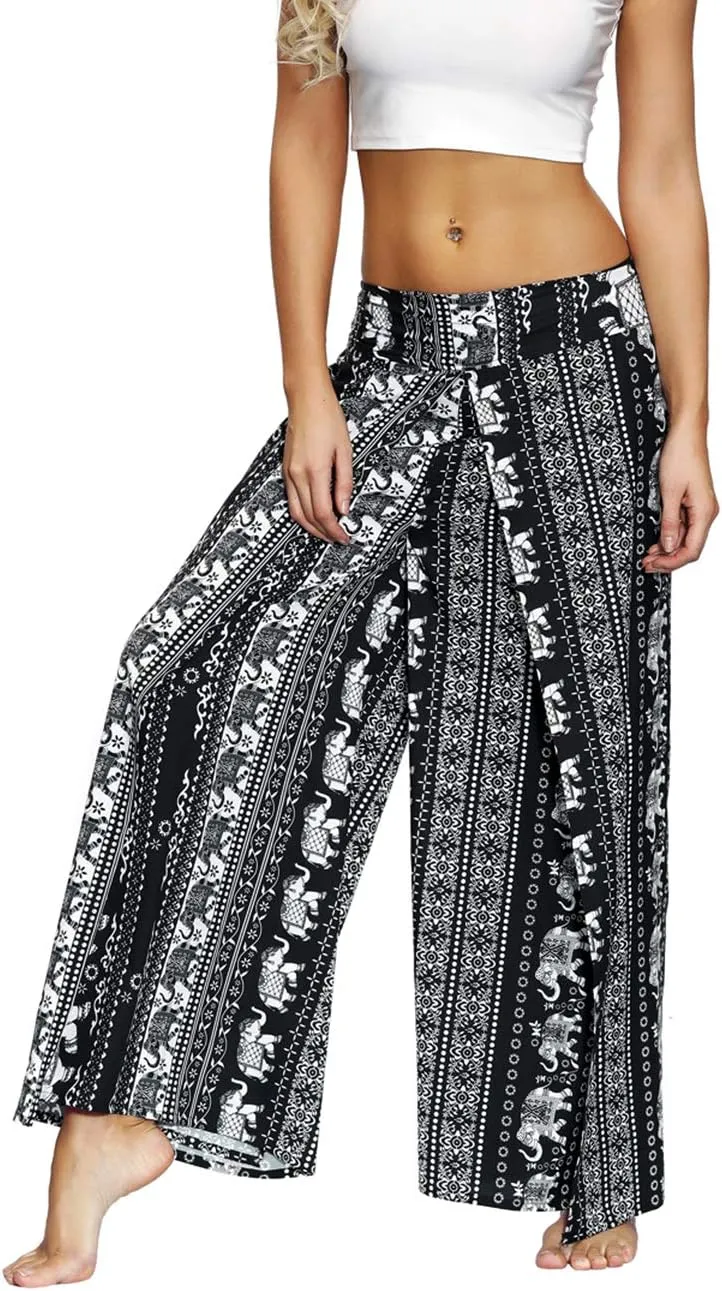 Women's Bohemian Yoga Pant Palazzo Slit Wide Leg High Waist Hippie Trousers Flowy Pants