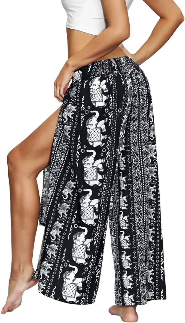 Women's Bohemian Yoga Pant Palazzo Slit Wide Leg High Waist Hippie Trousers Flowy Pants