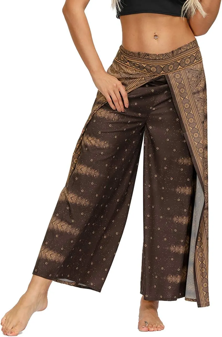 Women's Bohemian Yoga Pant Palazzo Slit Wide Leg High Waist Hippie Trousers Flowy Pants
