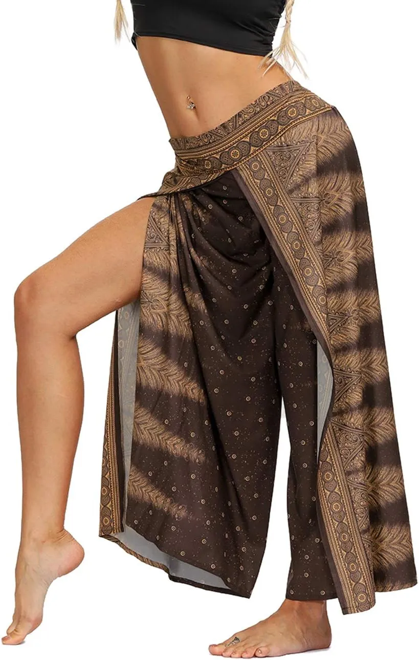 Women's Bohemian Yoga Pant Palazzo Slit Wide Leg High Waist Hippie Trousers Flowy Pants