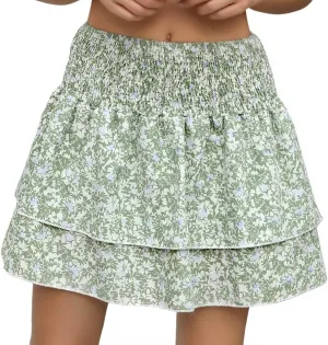 Women's Boho Ruffle Mini Skirt Summer Print Floral Tiered Short Skirt Casual High Waist Flowy Pleated Skirt Boho Floral Skort