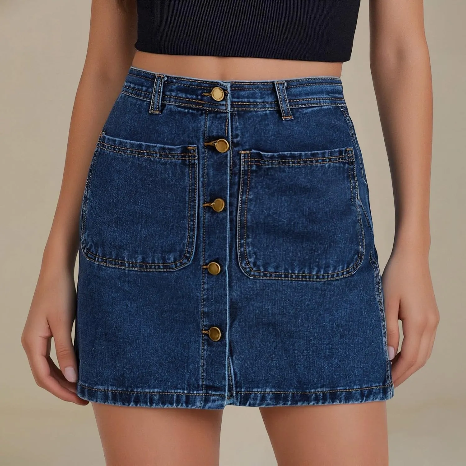 Women's Button Down High Waisted A Line Jean Stretchy Mini Denim Skirt Front Short Pencil Skirt with Pockets