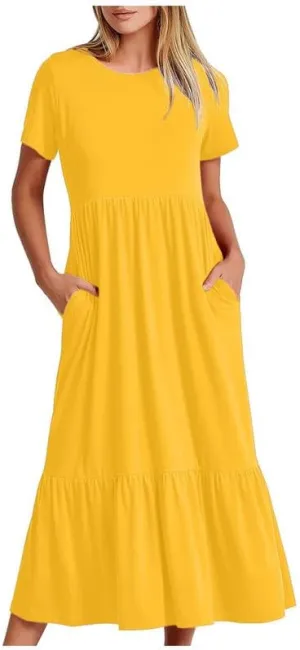 Womens Casual Dresses Flowy Maxi Dress Crewneck Short Sleeve Summer Long Dress with Pockets Yellow Medium