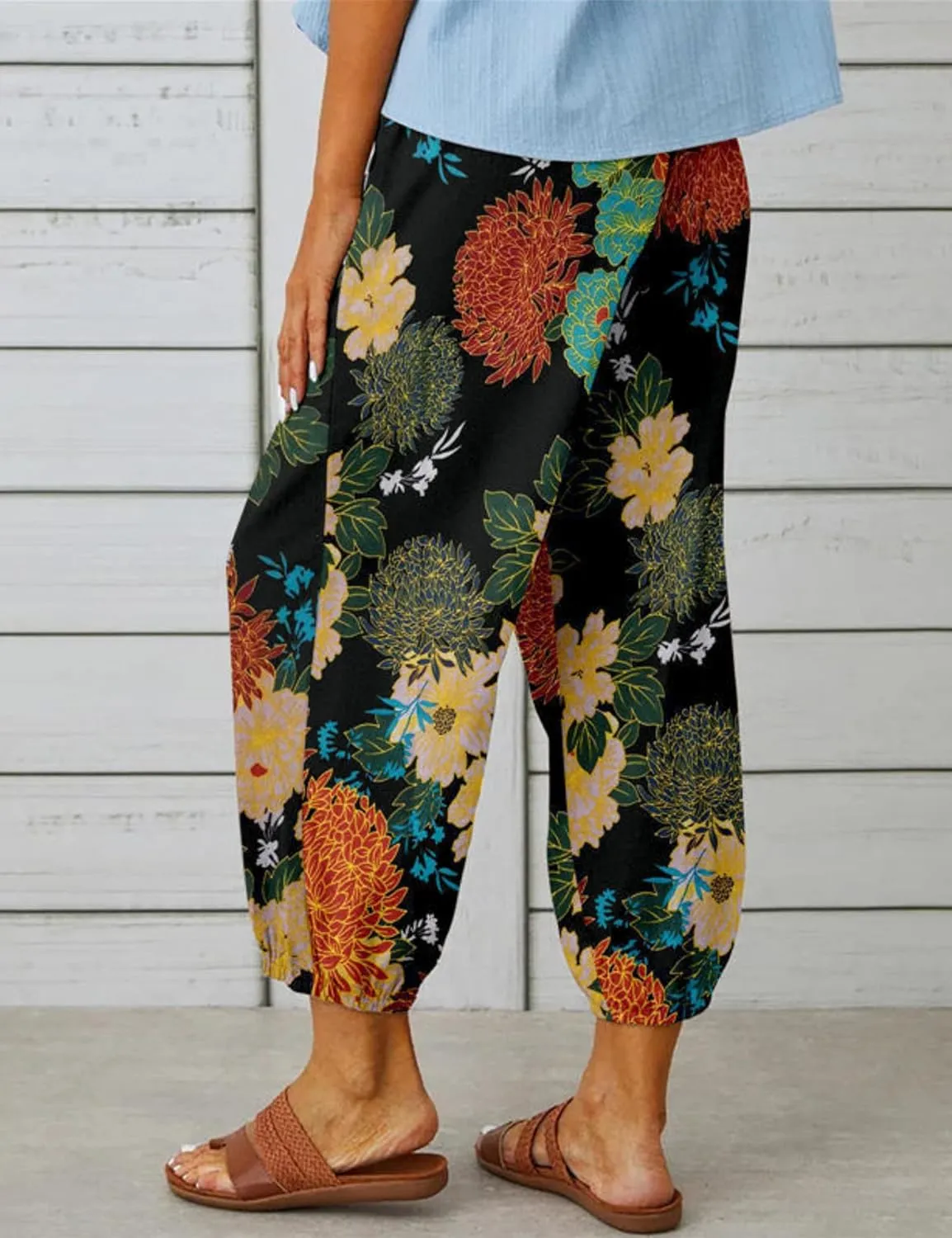 Womens Casual Lantern Harem Capri Pants Loose High Waisted Yoga Lounge Trousers Pants with Pockets