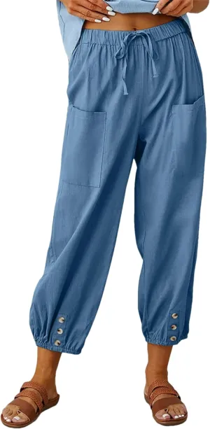 Womens Casual Lantern Harem Capri Pants Loose High Waisted Yoga Lounge Trousers Pants with Pockets