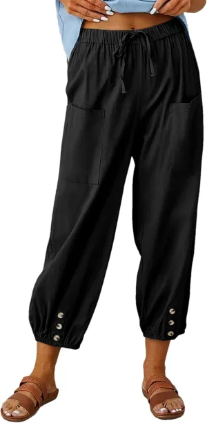 Womens Casual Lantern Harem Capri Pants Loose High Waisted Yoga Lounge Trousers Pants with Pockets