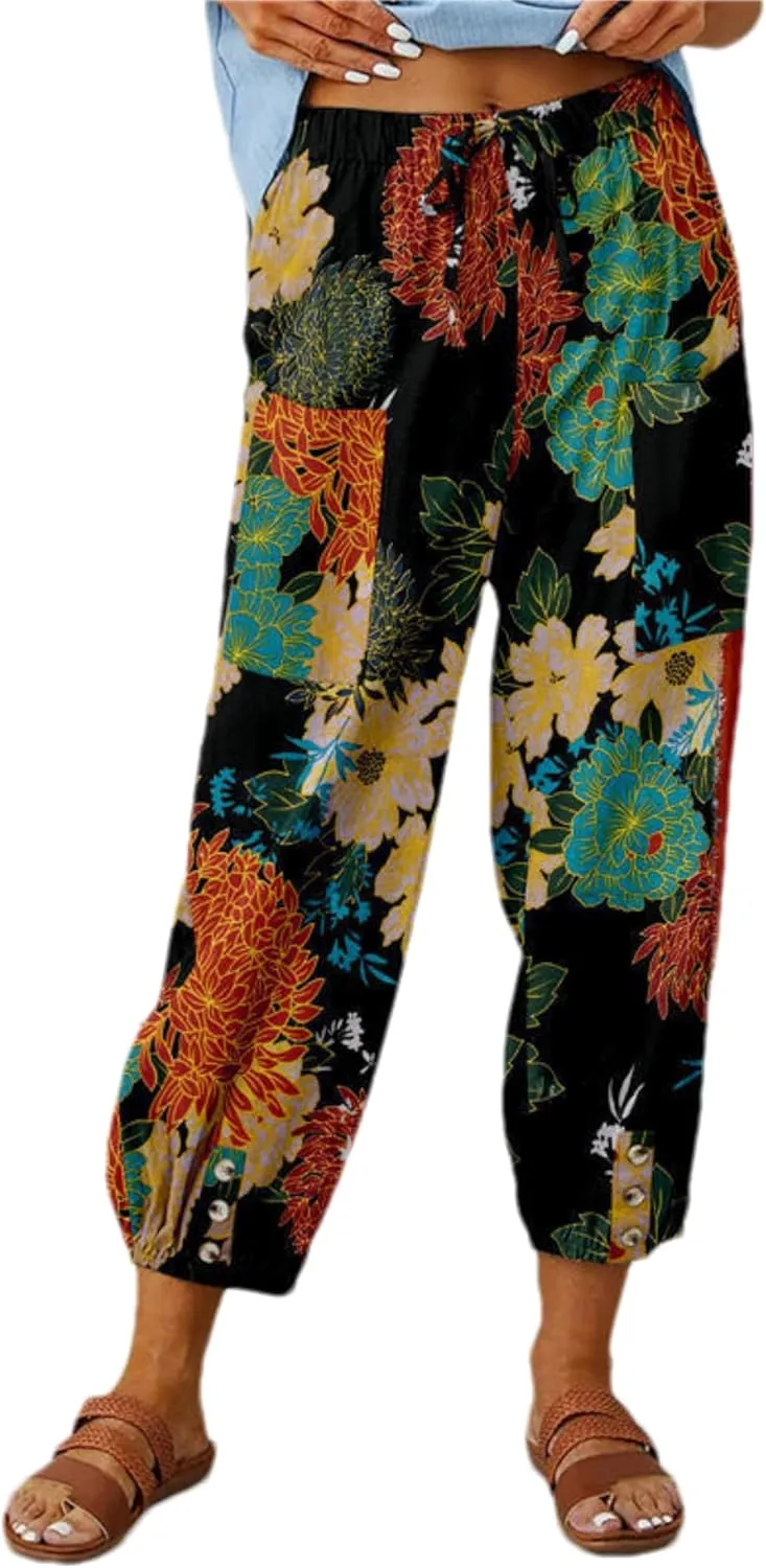 Womens Casual Lantern Harem Capri Pants Loose High Waisted Yoga Lounge Trousers Pants with Pockets