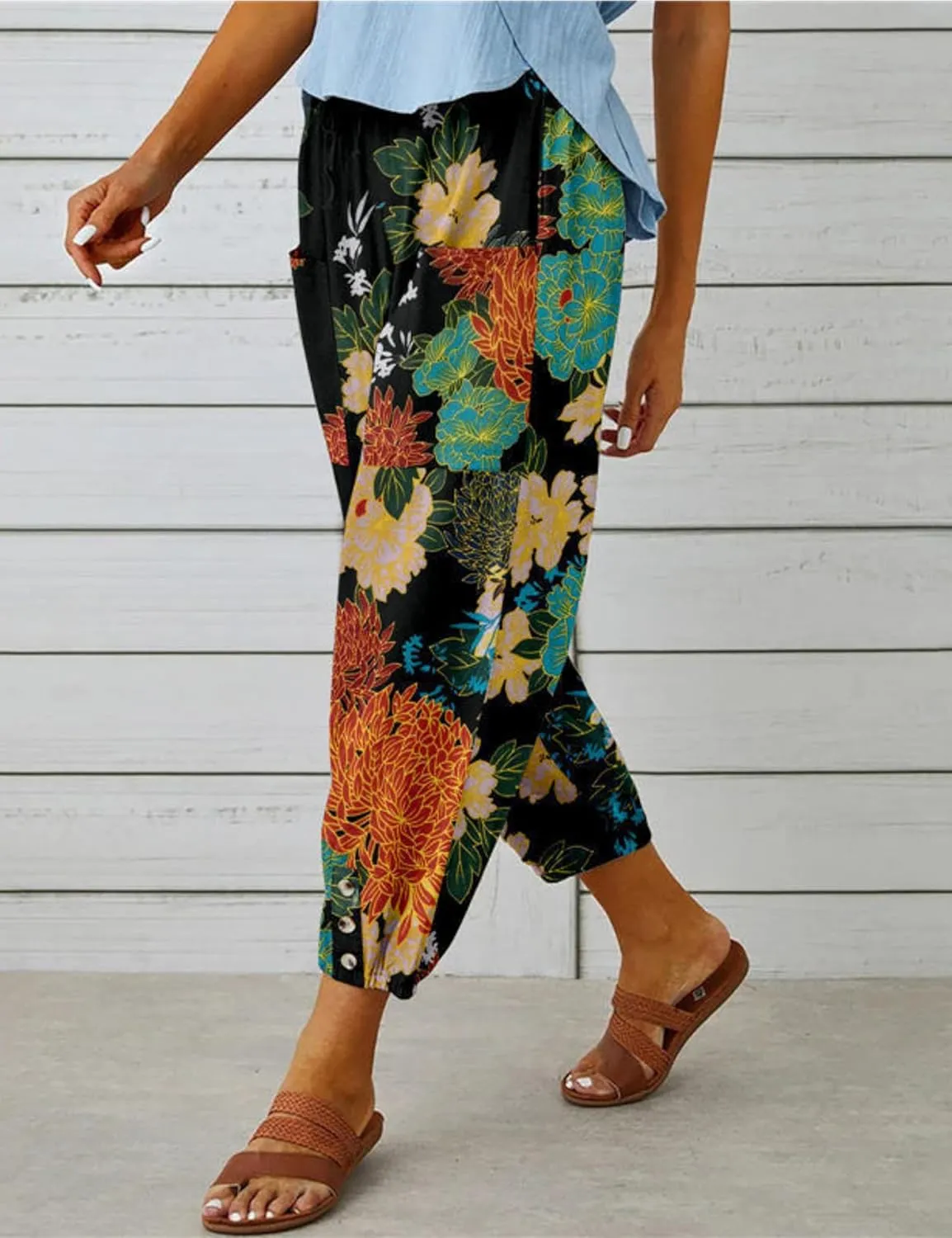 Womens Casual Lantern Harem Capri Pants Loose High Waisted Yoga Lounge Trousers Pants with Pockets