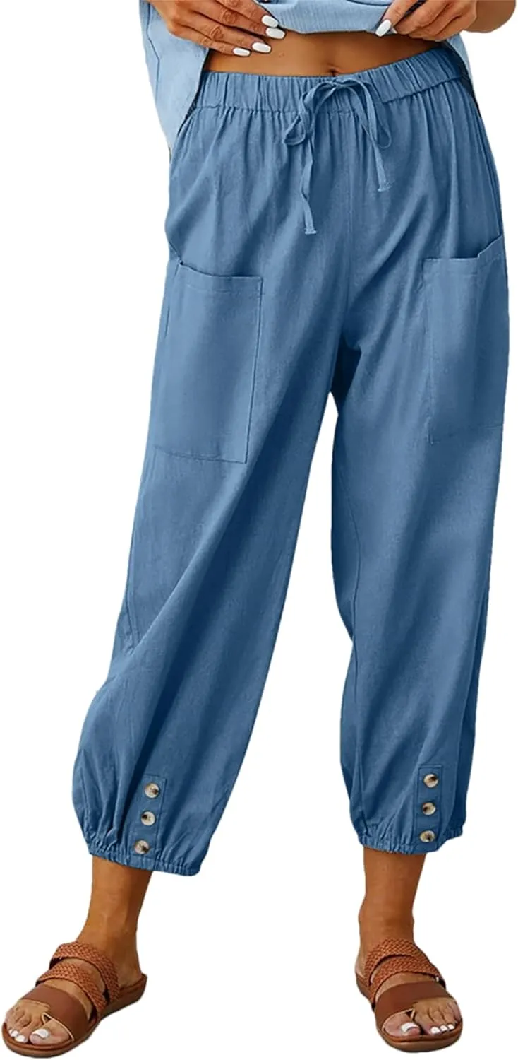 Womens Casual Lantern Harem Capri Pants Loose High Waisted Yoga Lounge Trousers Pants with Pockets
