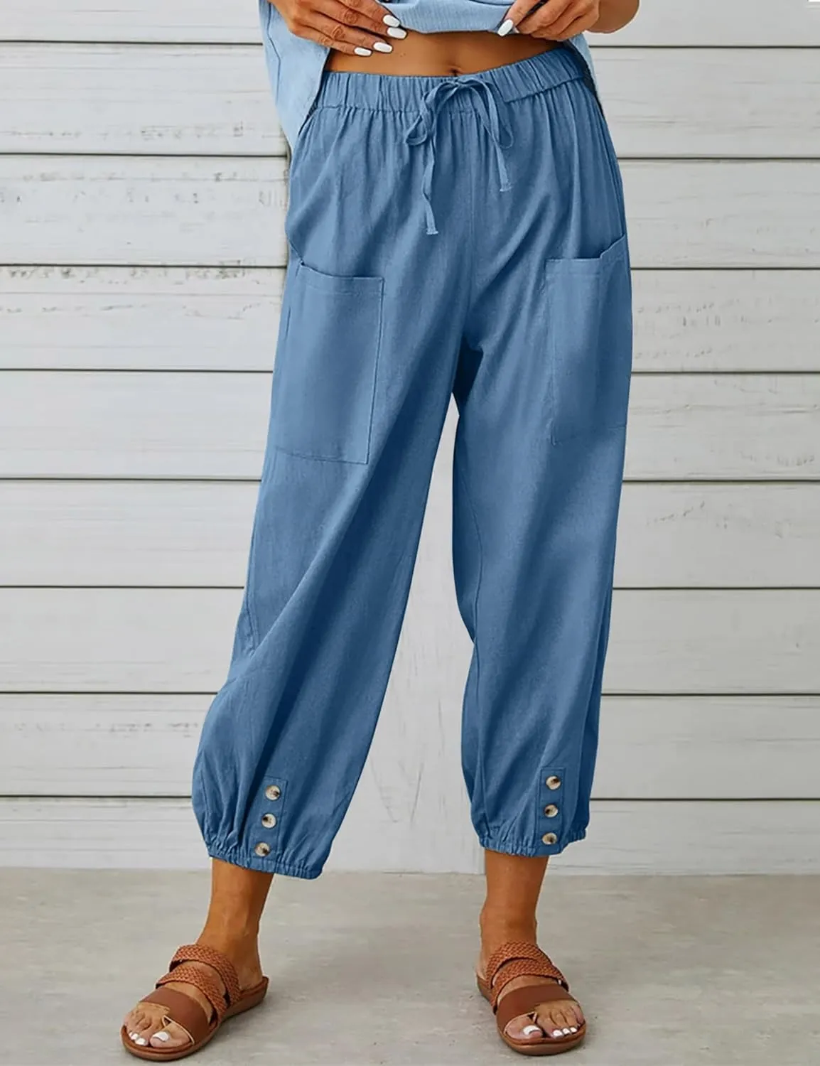 Womens Casual Lantern Harem Capri Pants Loose High Waisted Yoga Lounge Trousers Pants with Pockets
