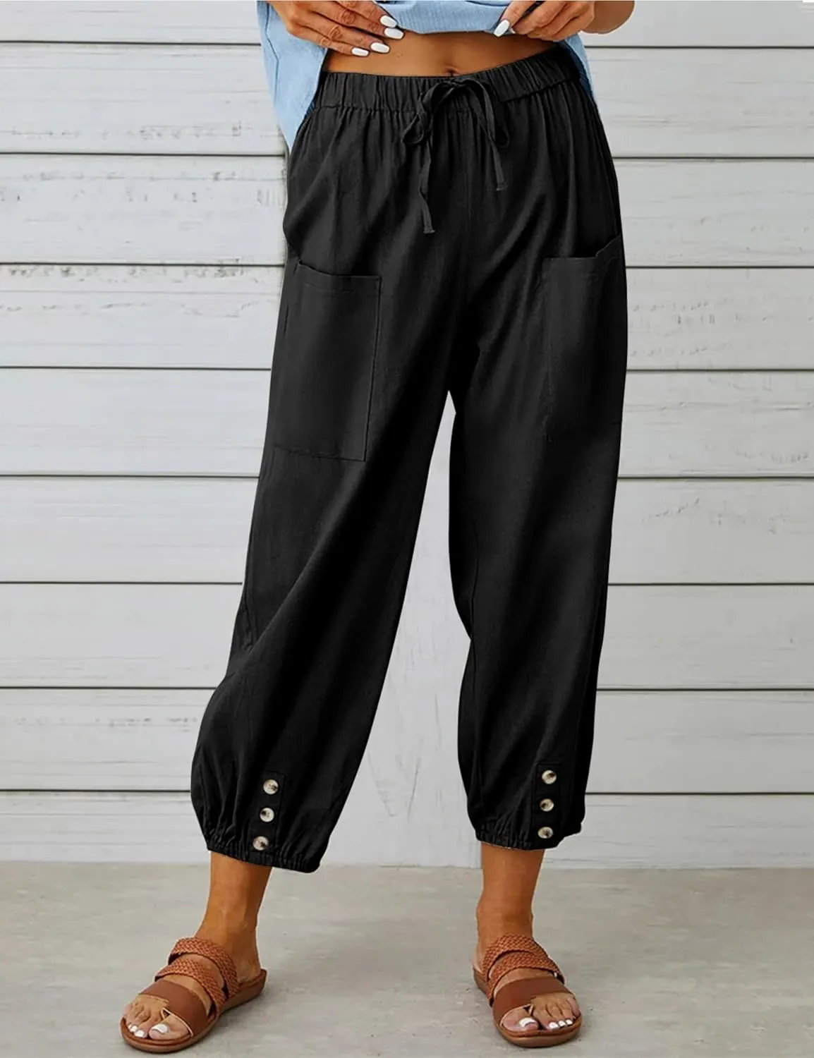 Womens Casual Lantern Harem Capri Pants Loose High Waisted Yoga Lounge Trousers Pants with Pockets