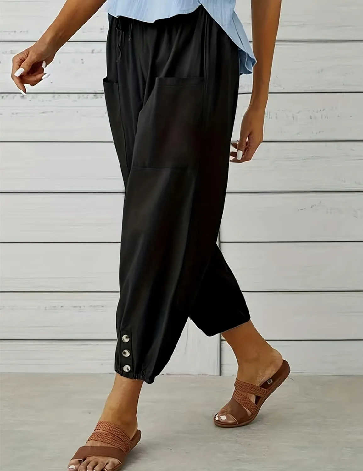 Womens Casual Lantern Harem Capri Pants Loose High Waisted Yoga Lounge Trousers Pants with Pockets