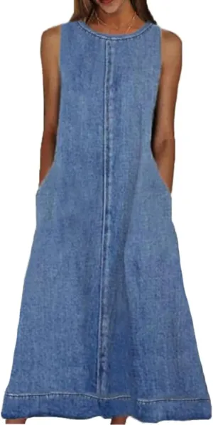 Womens Casual Sleeveless Maxi Denim Dress Crewneck Vintage Loose Long Vest Jean Dress with Pockets