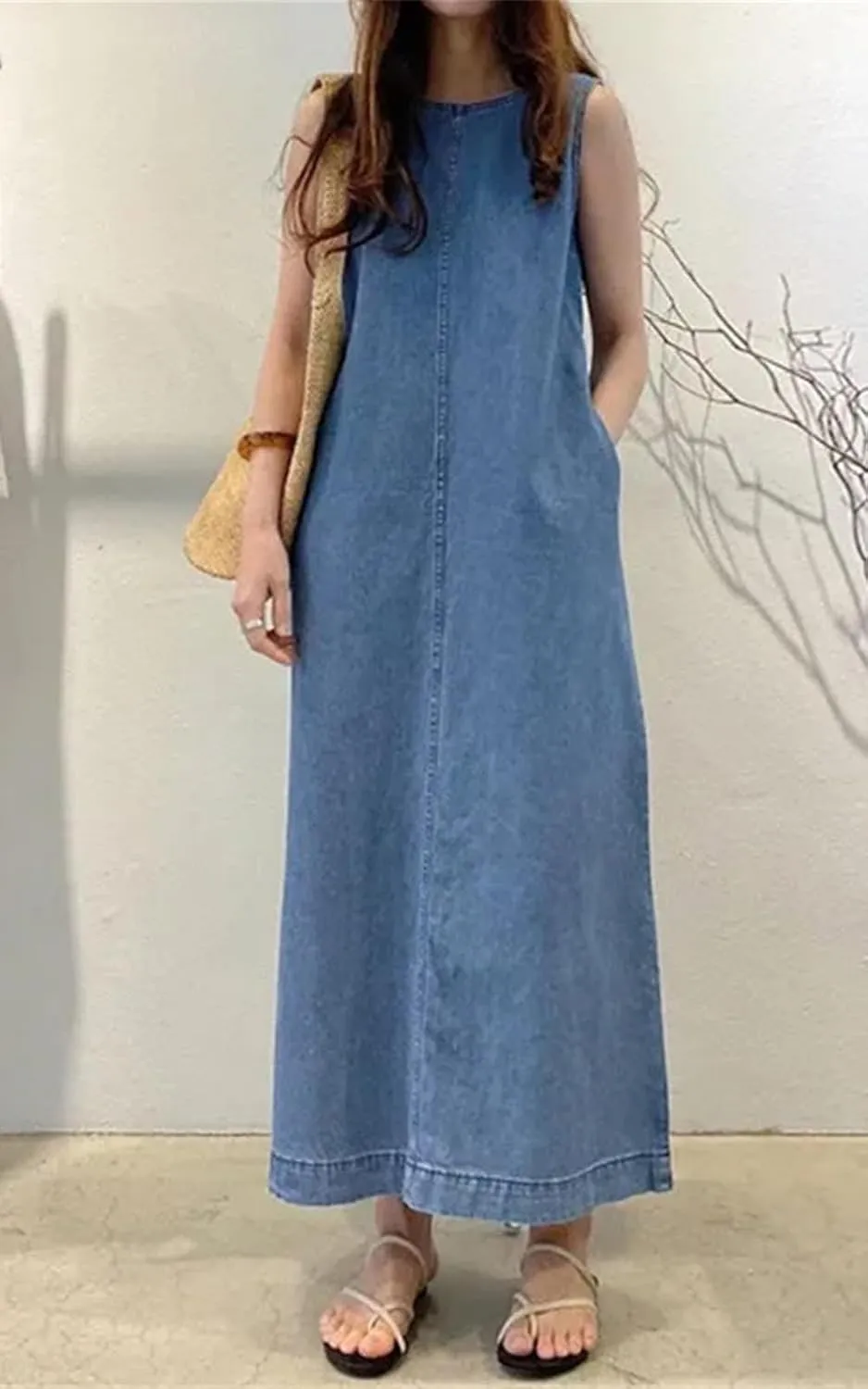 Womens Casual Sleeveless Maxi Denim Dress Crewneck Vintage Loose Long Vest Jean Dress with Pockets