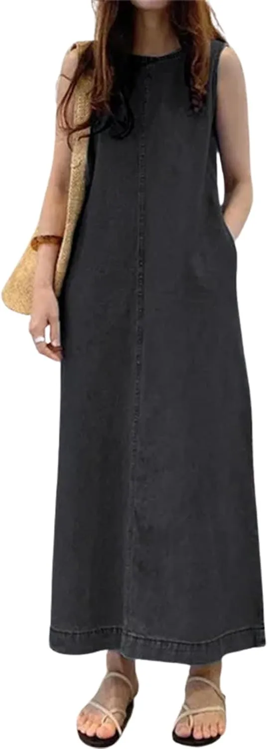 Womens Casual Sleeveless Maxi Denim Dress Crewneck Vintage Loose Long Vest Jean Dress with Pockets