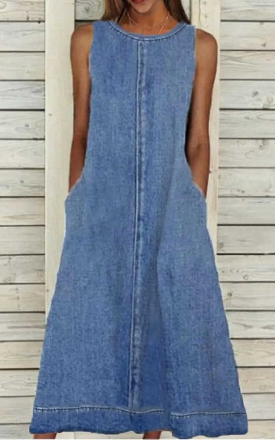Womens Casual Sleeveless Maxi Denim Dress Crewneck Vintage Loose Long Vest Jean Dress with Pockets