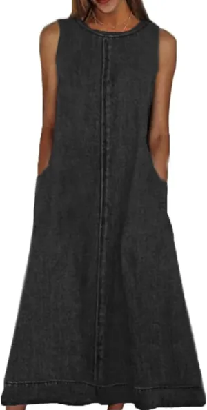 Womens Casual Sleeveless Maxi Denim Dress Crewneck Vintage Loose Long Vest Jean Dress with Pockets